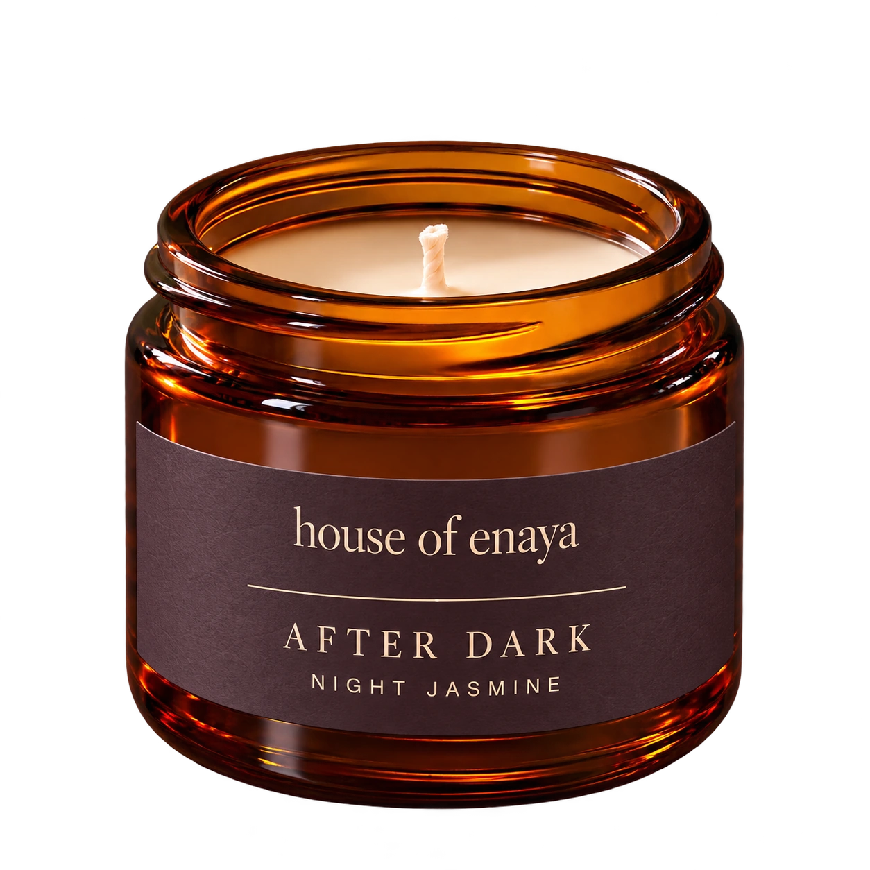 House of Enaya AFTER DARK candle, 80ml amber jar with its new collection label