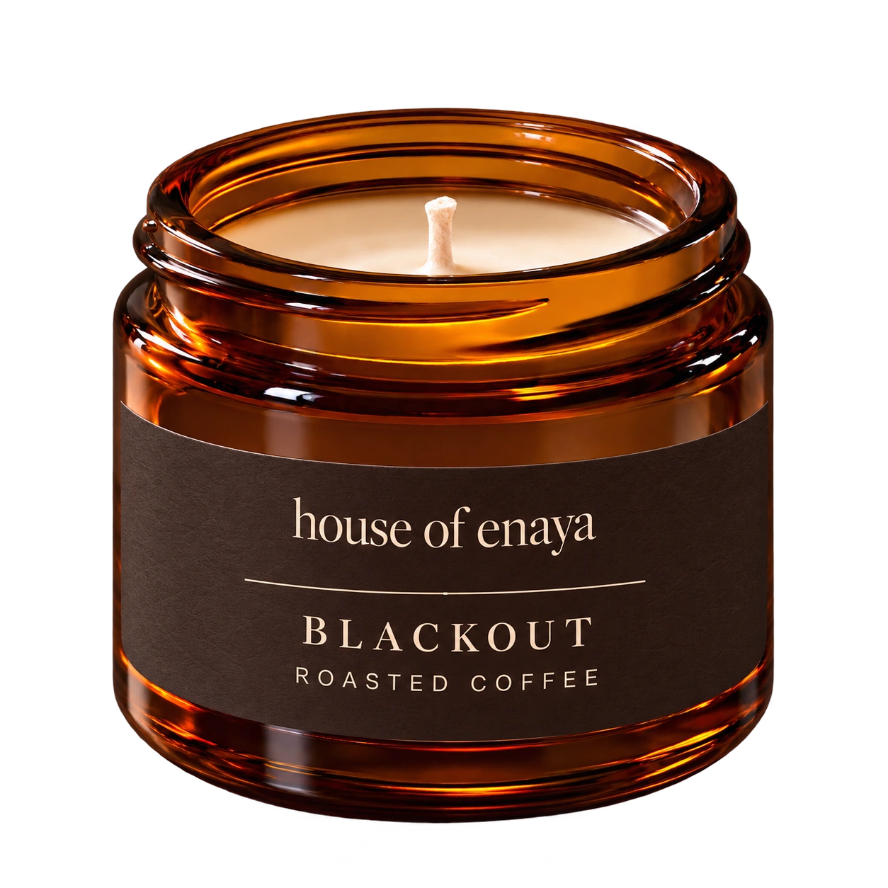 House of Enaya BLACKOUT candle, 80ml amber jar with its new collection label