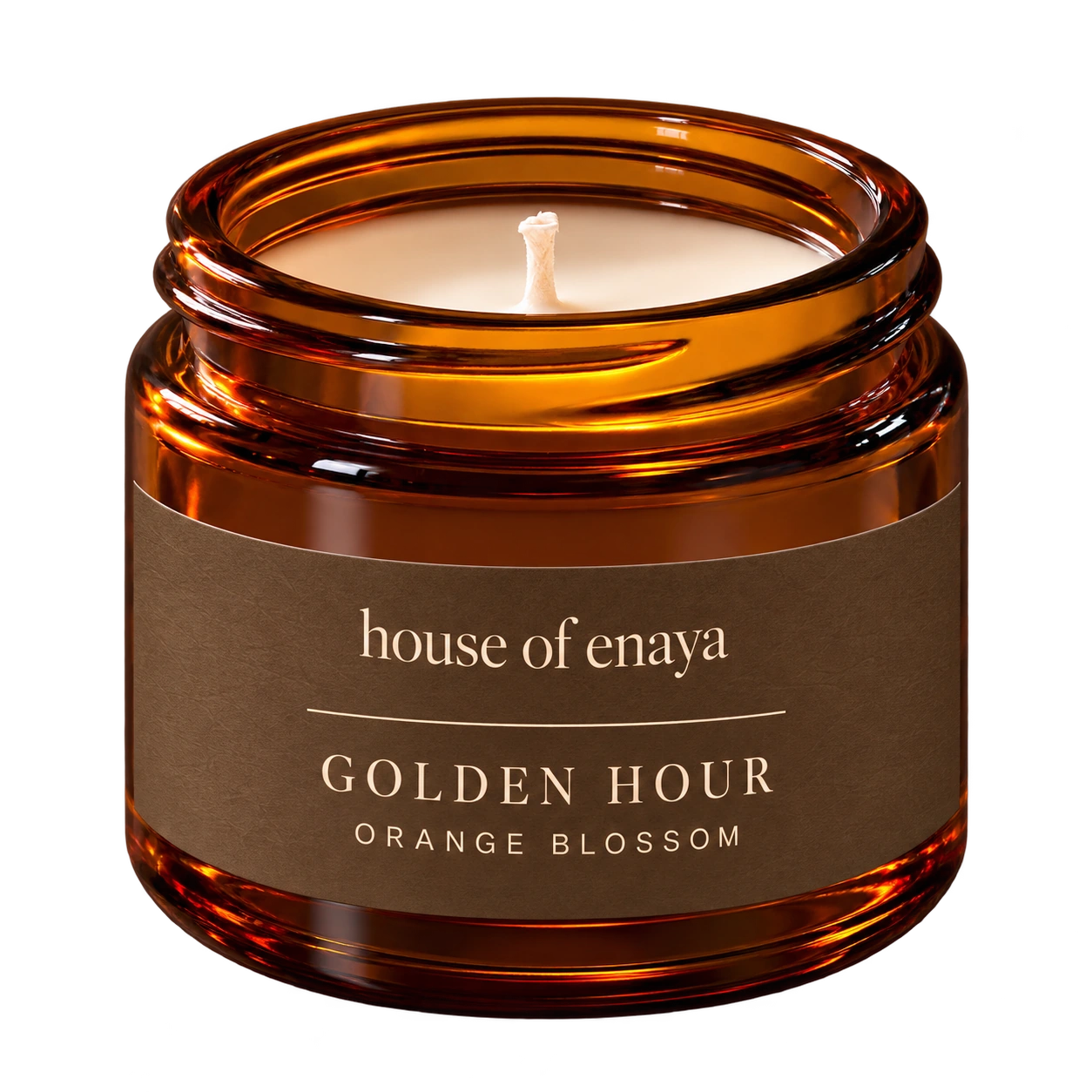 House of Enaya GOLDEN HOUR candle, 80ml amber jar with its new collection label