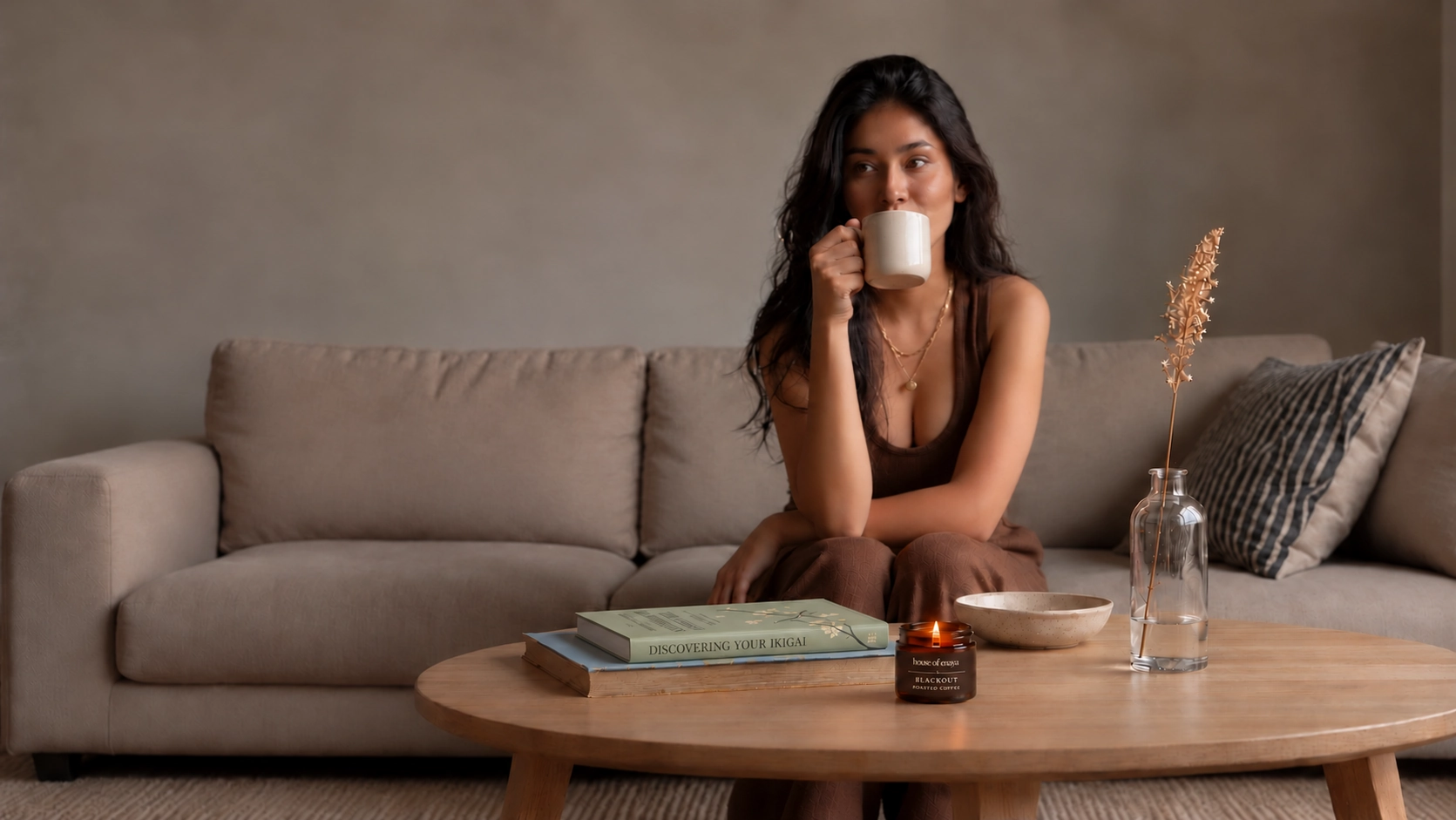 Enaya enjoying coffee on her sofa, with the small BLACKOUT candle on the table